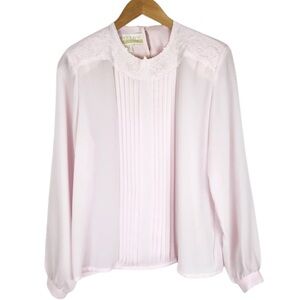 Vintage Fields Pink Lace Yoke Pleated Long Sleeve Blouse Women's Size 8